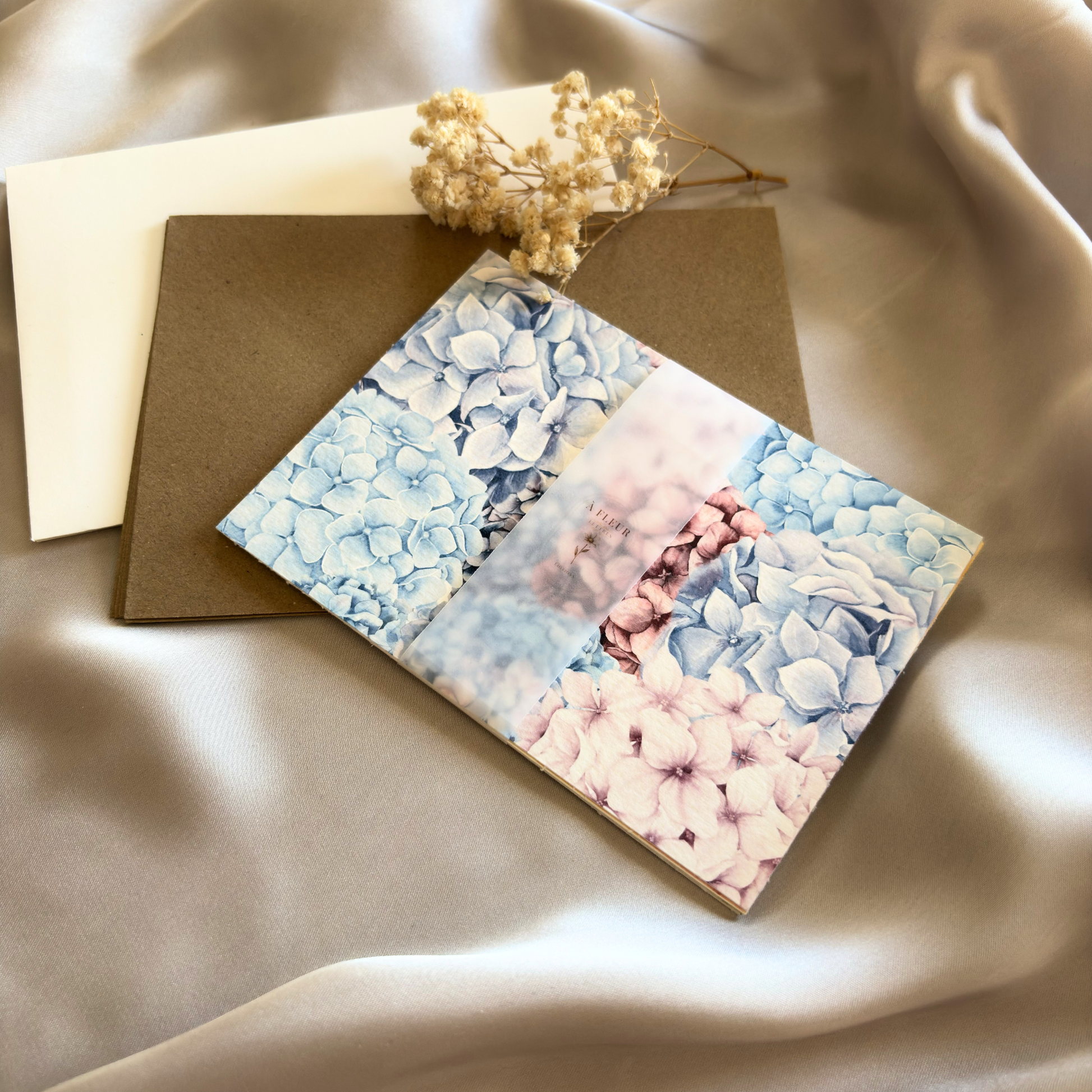 Cartes de correspondance avec motif hortensia pastel imprimées en atelier