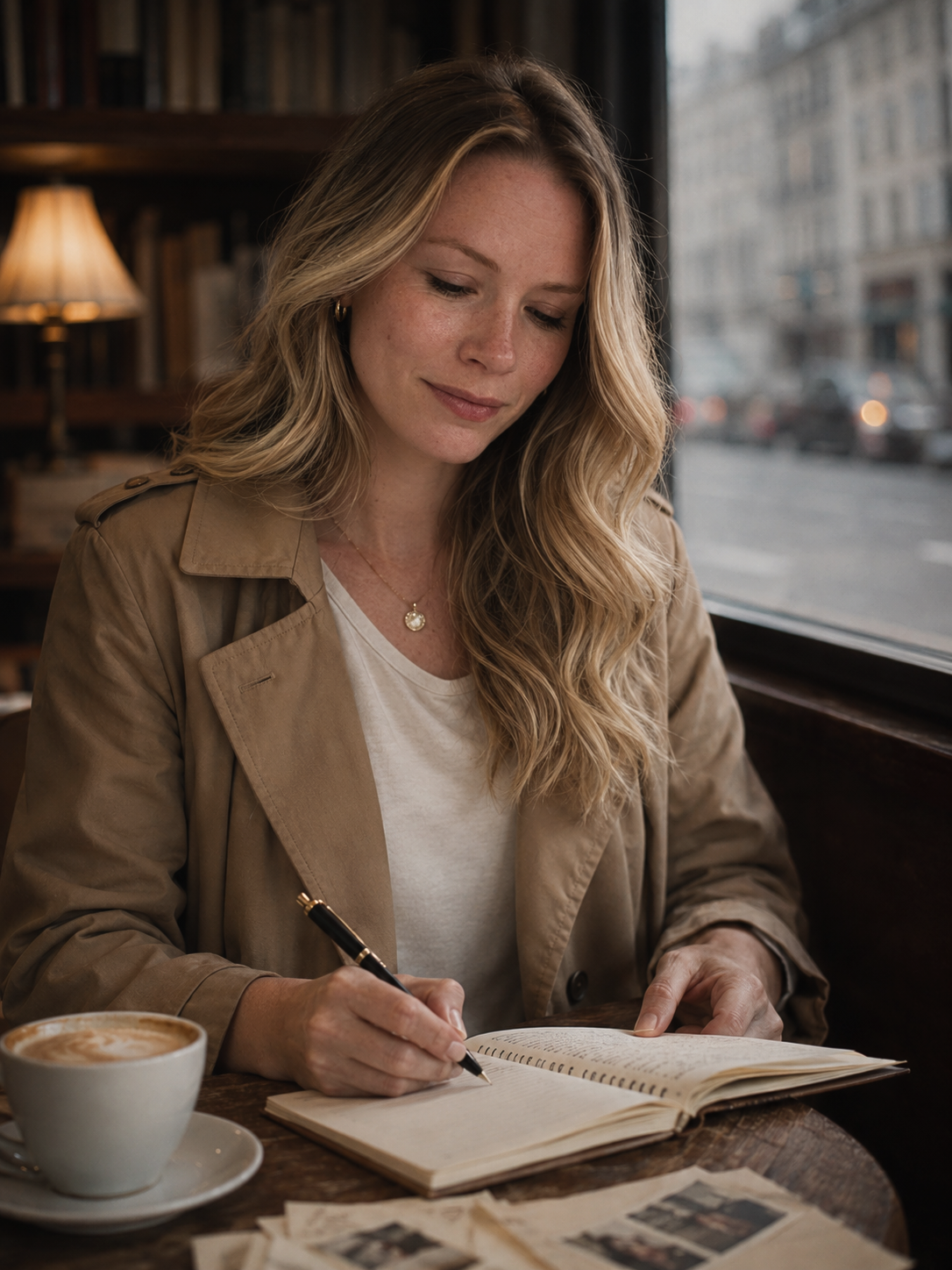 L'autrice écrit dans son cahier d'inspirations a la table d'un café